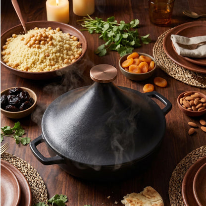 Enameled Cast Iron Tagine 3-Qt, Alva Cookware, black with copper knob, steaming on table on Tampa Home & Garden Store