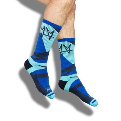 Not.Travis Collab 4-Pack Crew Socks by DeadSoxy in blue teal crown pattern on Tampa Home & Garden Store