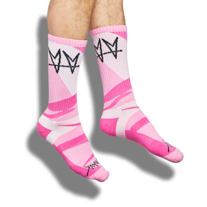 Not.Travis collab DeadSoxy crew socks in pink and white stripes with black crown logo 4-pack on Tampa Home & Garden Store