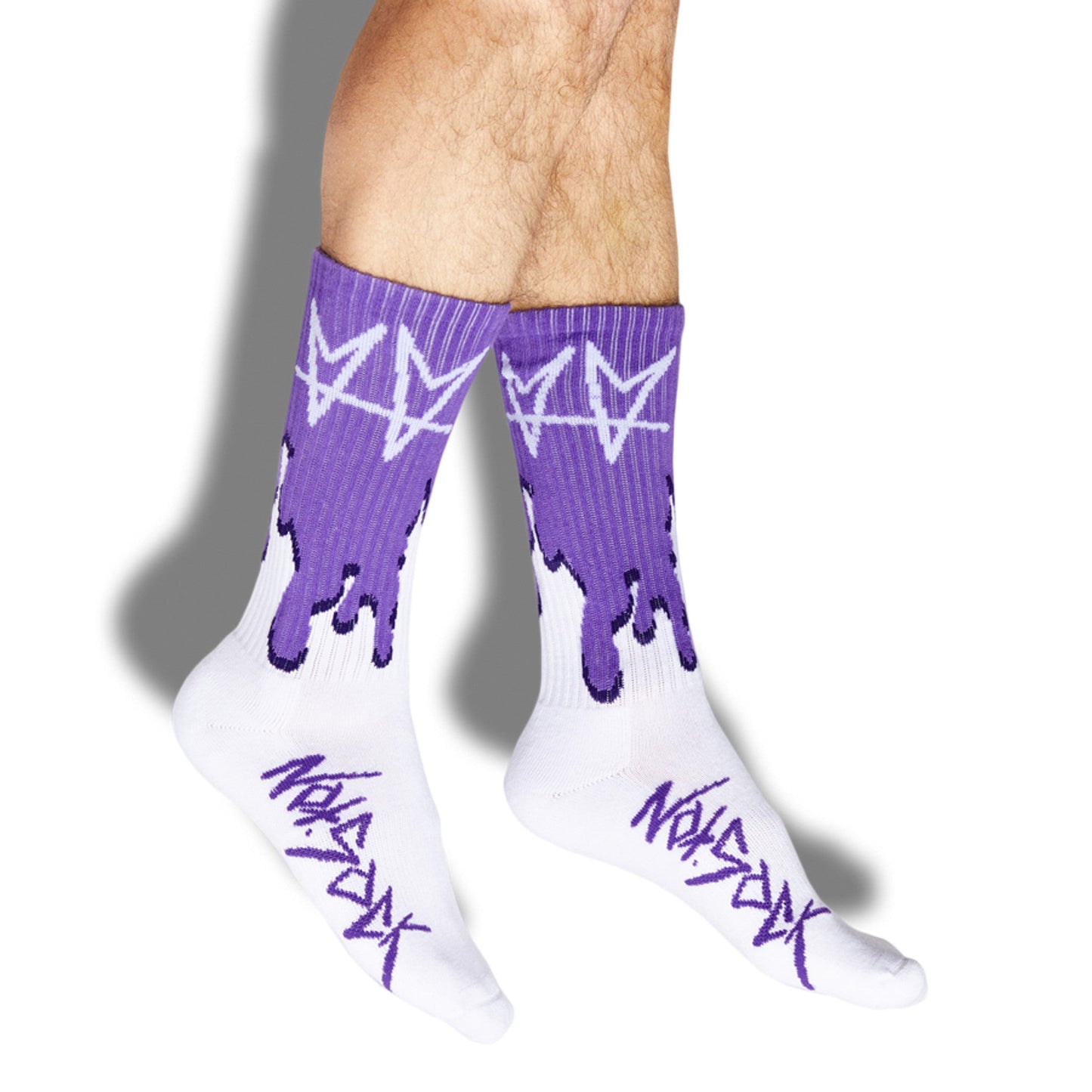 Not.Travis Collab 4-Pack Bundle crew socks in purple with white zigzag pattern by DeadSoxy on Tampa Home & Garden Store