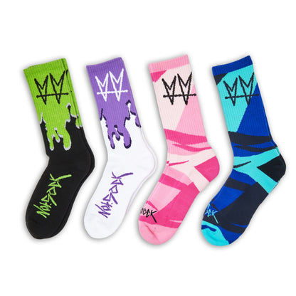 Not.Travis Collab 4-Pack DeadSoxy crew socks four pairs in neon green, purple, pink, and blue on Tampa Home & Garden Store