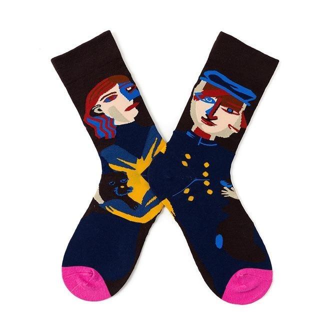 Stevvex novelty crew socks with graphic abstract oil-painting of faces in navy and pink toes on Tampa Home & Garden Store