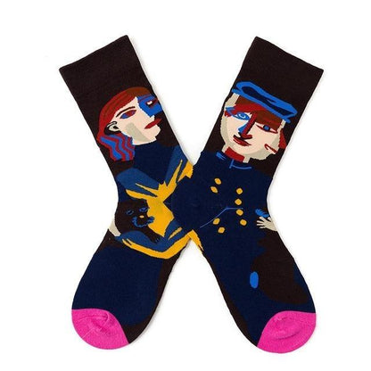 Stevvex novelty crew socks with graphic abstract oil-painting of faces in navy and pink toes on Tampa Home & Garden Store