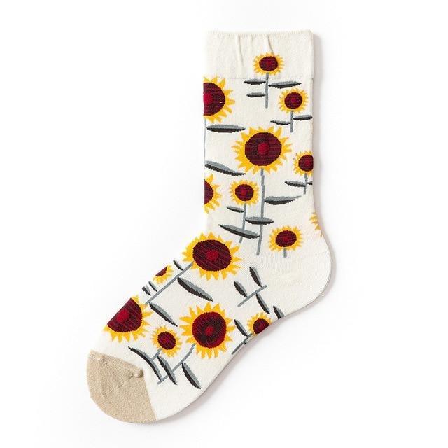 Crew socks in white with sunflower print, beige toe and bold yellow petals on Tampa Home & Garden Store