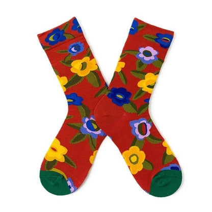 Stevvex novelty floral crew socks red with multicolor flowers, pure cotton, green toe caps on Tampa Home & Garden Store