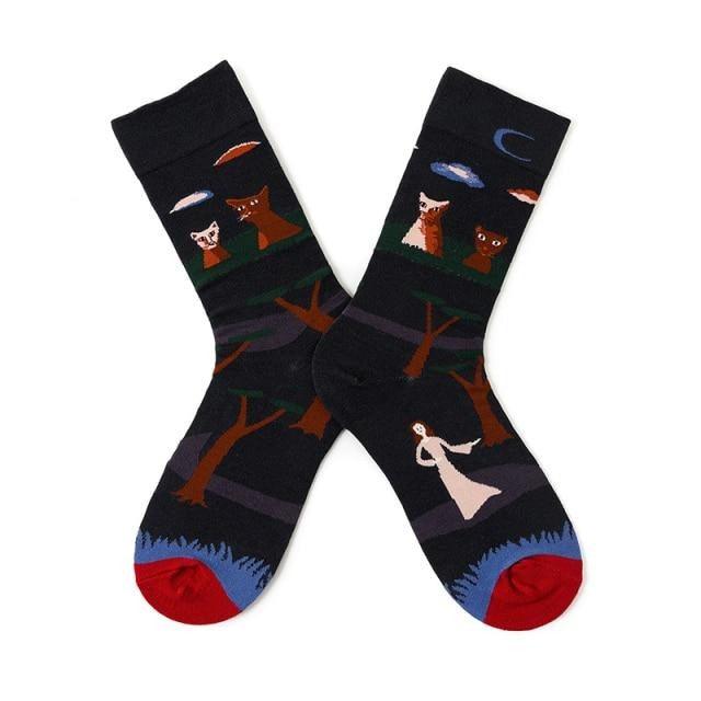 Stevvex novelty crew socks with black nighttime forest scene, dancing woman and cats on Tampa Home & Garden Store