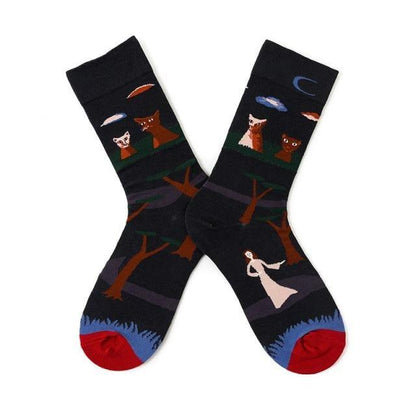 Stevvex novelty crew socks with black nighttime forest scene, dancing woman and cats on Tampa Home & Garden Store