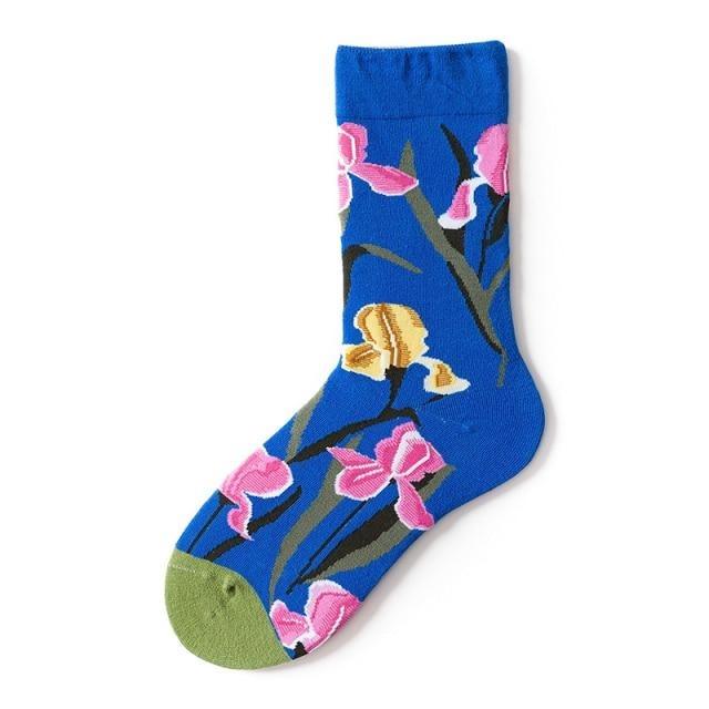 Stevvex blue crew socks with floral abstract oil-painting print, pink flowers and green toe on Tampa Home & Garden Store