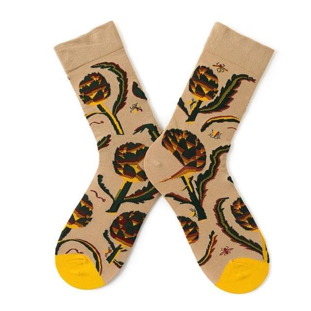 Stevvex beige combed cotton crew socks with abstract oil painting cactus print and yellow toes on Tampa Home & Garden Store