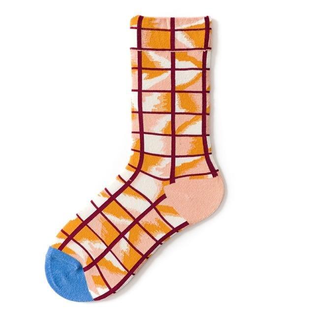 Stevvex women's novelty crew sock with orange abstract grid pattern, peach heel and blue toe on Tampa Home & Garden Store