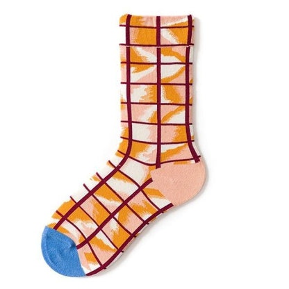 Stevvex women's novelty crew sock with orange abstract grid pattern, peach heel and blue toe on Tampa Home & Garden Store