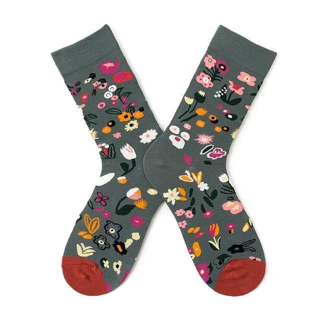 Novelty Happy Funny Women Graphic Short Socks Stevvex grey floral crew socks, combed cotton on Tampa Home & Garden Store