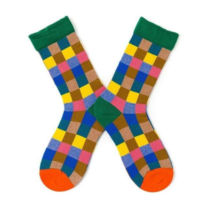 Stevvex novelty crew socks, multicolor checkerboard with green cuffs and orange toes, set of 2 on Tampa Home & Garden Store