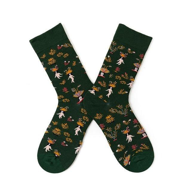 Stevvex green crew socks with abstract art pattern on cotton, pair on Tampa Home & Garden Store