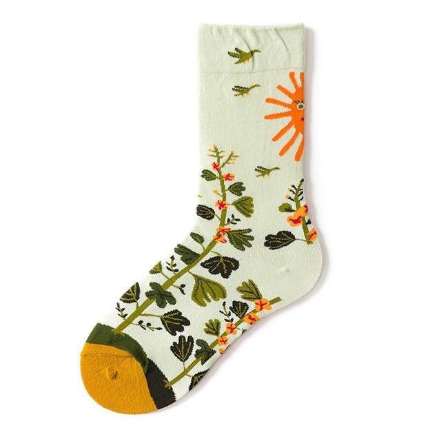 Stevvex crew socks cream with green leaf print and orange sun accents in cotton on Tampa Home & Garden Store