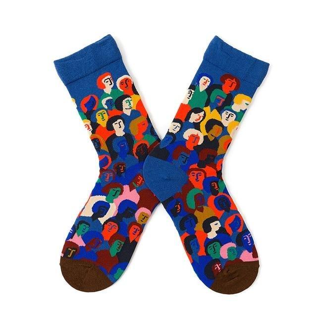 Stevvex crew socks with colorful abstract faces on blue background, brown toe pair on Tampa Home & Garden Store