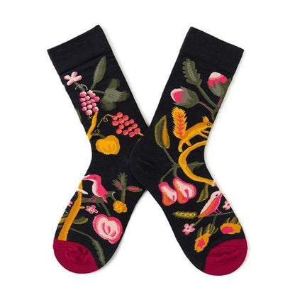 Novelty women's crew socks black pure cotton with colorful floral embroidery, pair on Tampa Home & Garden Store
