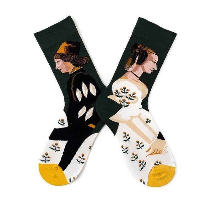 Crew socks Stevvex with French-style oil painting women design black/white pair with yellow toes on Tampa Home & Garden Store