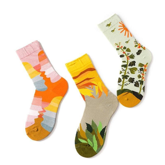 Stevvex crew socks set of three with abstract oil painting and botanical prints, cotton on Tampa Home & Garden Store