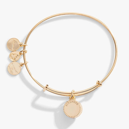 Alex and Ani November Birthstone Topaz charm bangle in rose gold tone with engraved coin charms on Tampa Home & Garden Store