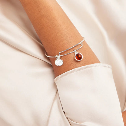 November Birthstone Charm Bangle Topaz, ALEX AND ANI silver-tone bracelet with orange topaz charm on wrist on Tampa Home & Garden Store