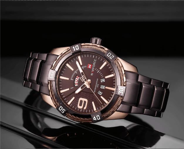 Men's stainless steel waterproof watch with day/date display, rose-gold bracelet Stevvex on Tampa Home & Garden Store