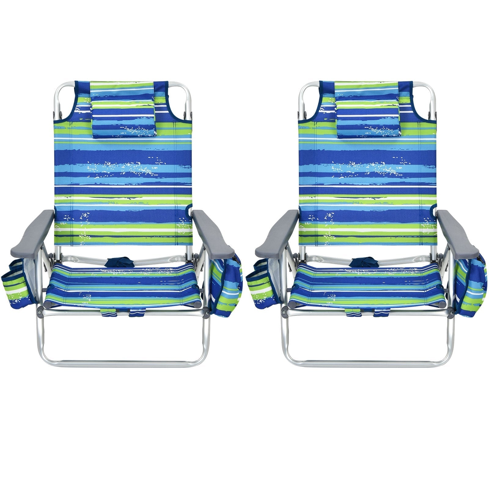 GemGear 2-piece folding backpack beach chairs with blue-green striped fabric and pillows on Tampa Home & Garden Store