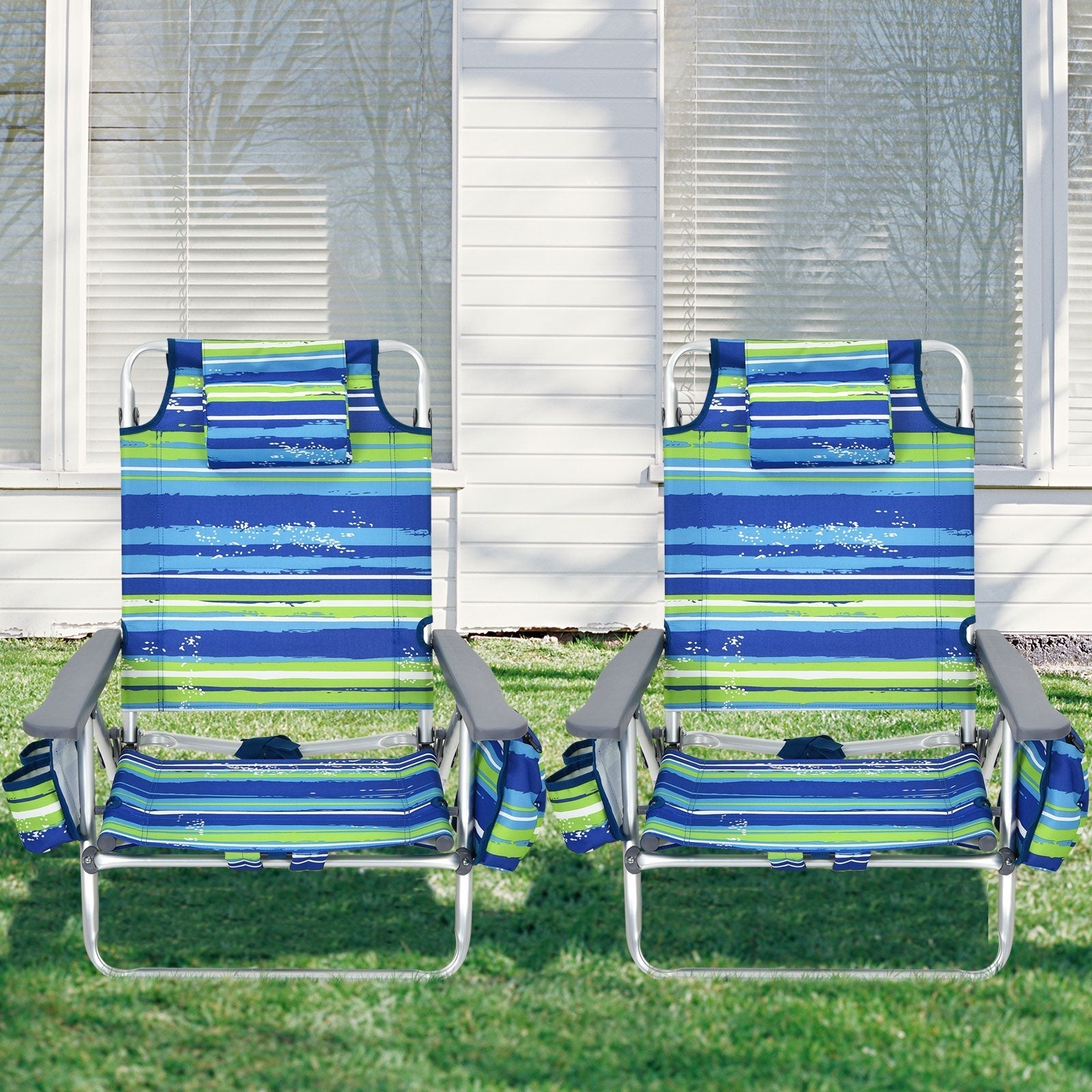 GemGear 2-piece folding backpack beach chairs with pillows in blue-green striped fabric on Tampa Home & Garden Store