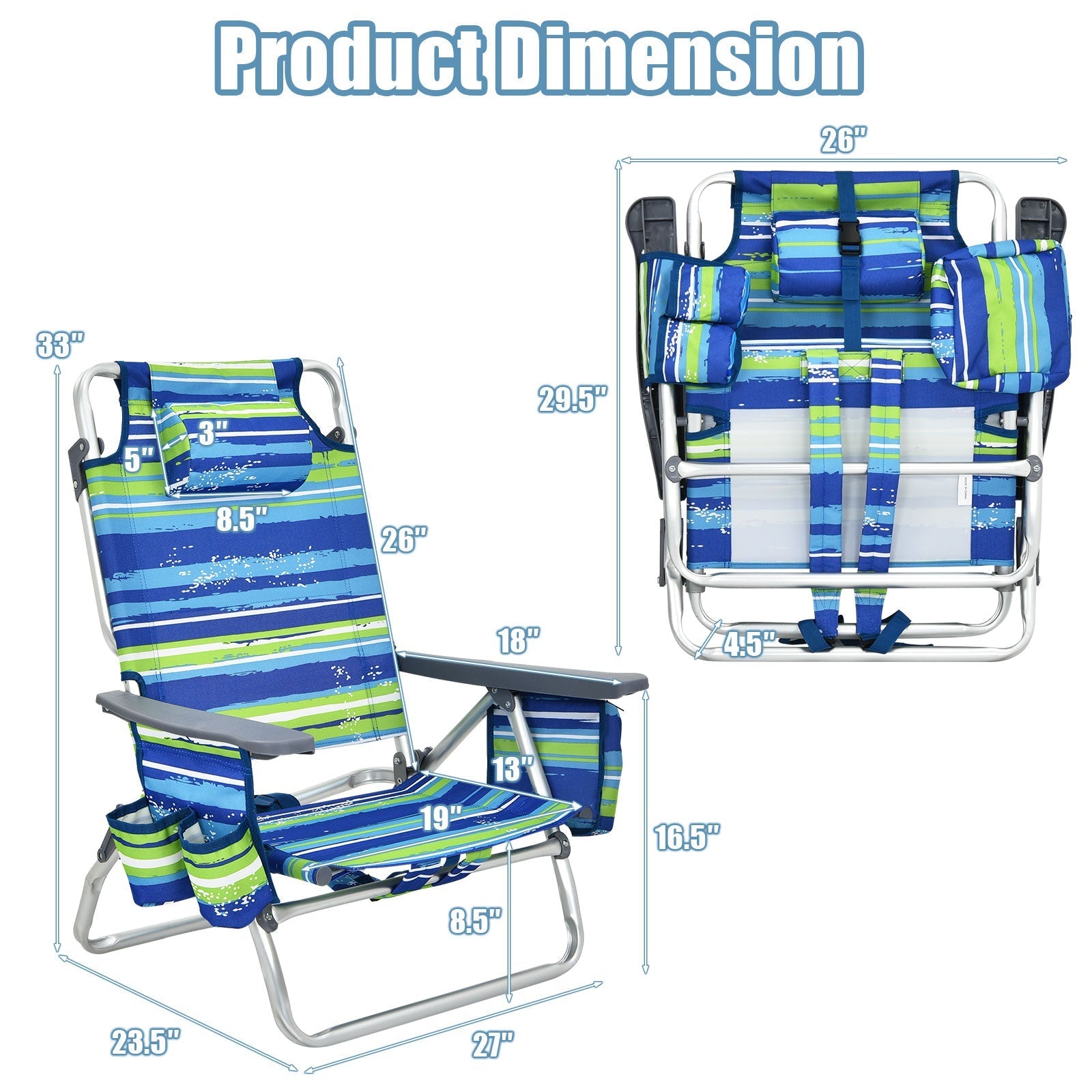 GemGear 2-piece folding backpack beach chair set with blue-green striped fabric and pillow on Tampa Home & Garden Store