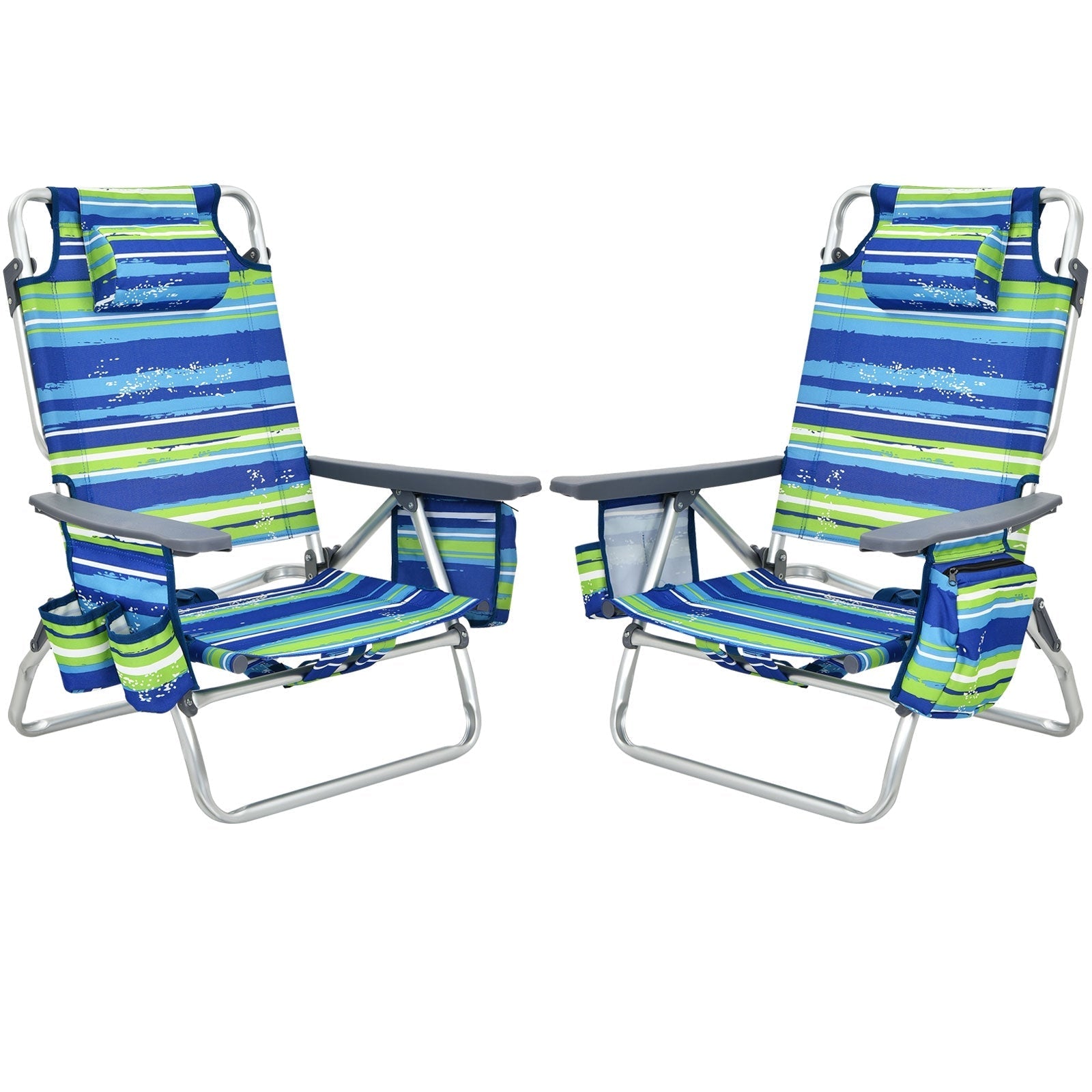GemGear 2-piece folding backpack beach chairs with blue-green striped fabric and headrests on Tampa Home & Garden Store