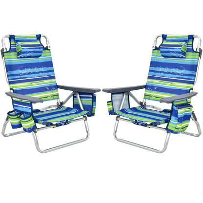 GemGear 2-piece folding backpack beach chairs with blue-green striped fabric and headrests on Tampa Home & Garden Store