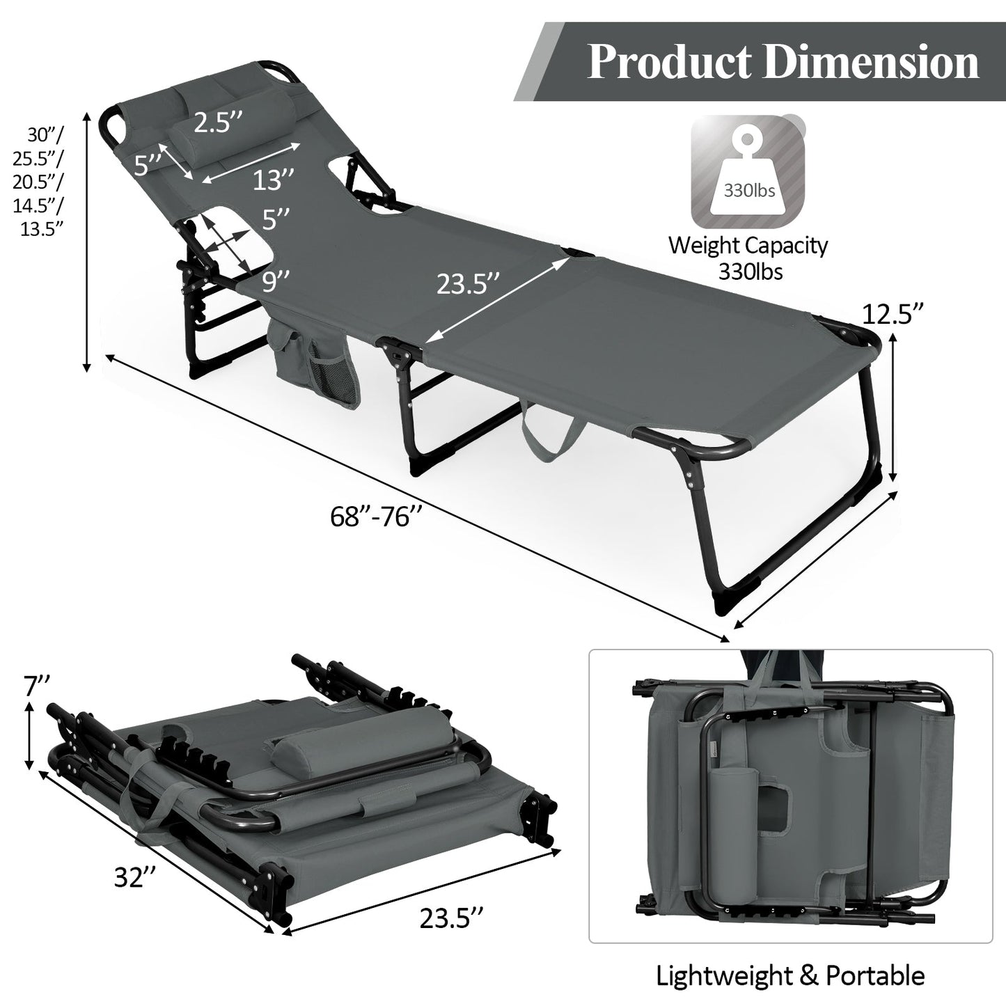 Tumbona plegable de playa con almohada para exteriores - Gris