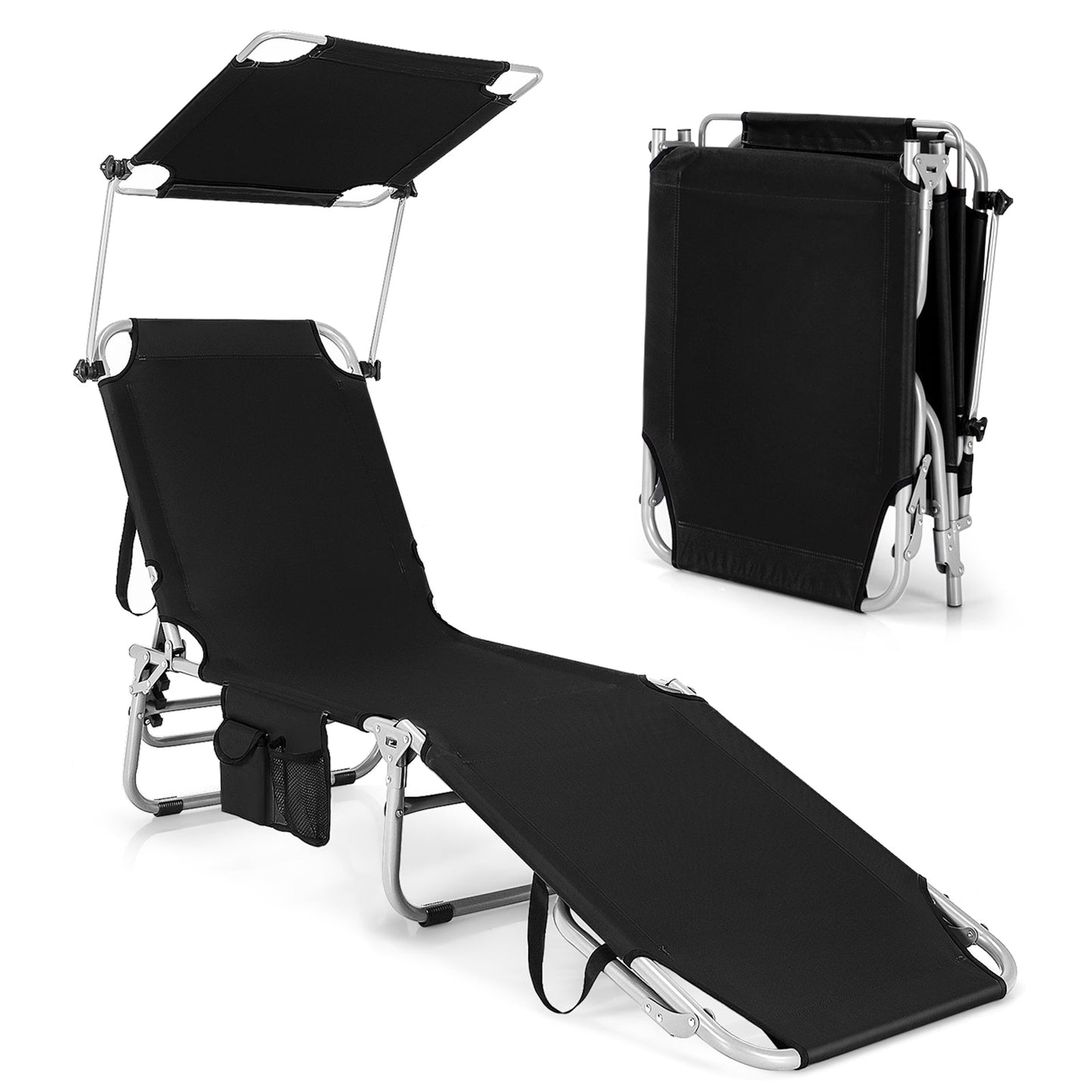 Tumbona reclinable ajustable para exteriores, playa, patio, piscina con parasol - Negra