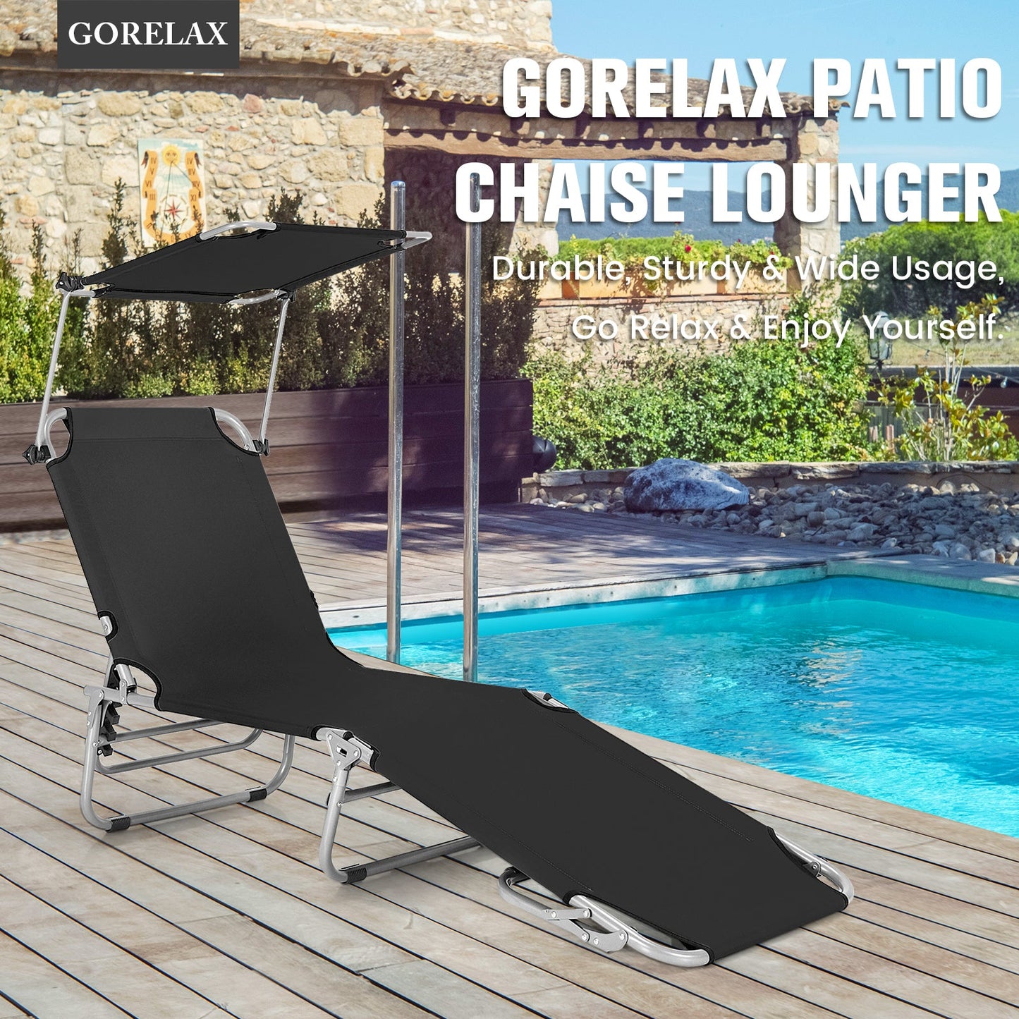 Tumbona reclinable ajustable para exteriores, playa, patio, piscina con parasol - Negra
