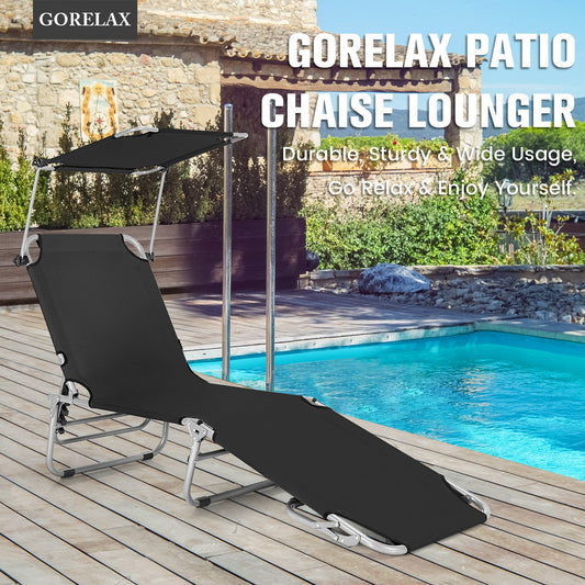 Adjustable Outdoor Beach Patio Pool Recliner with Sun Shade-Black - Tampa Home & Garden Store