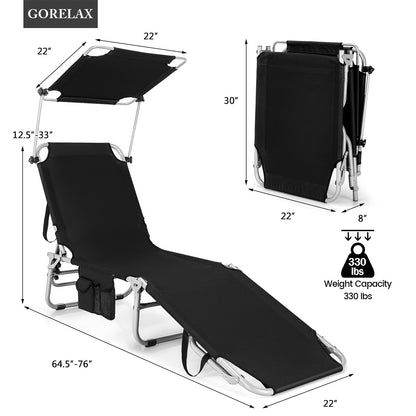 Tumbona reclinable ajustable para exteriores, playa, patio, piscina con parasol - Negra