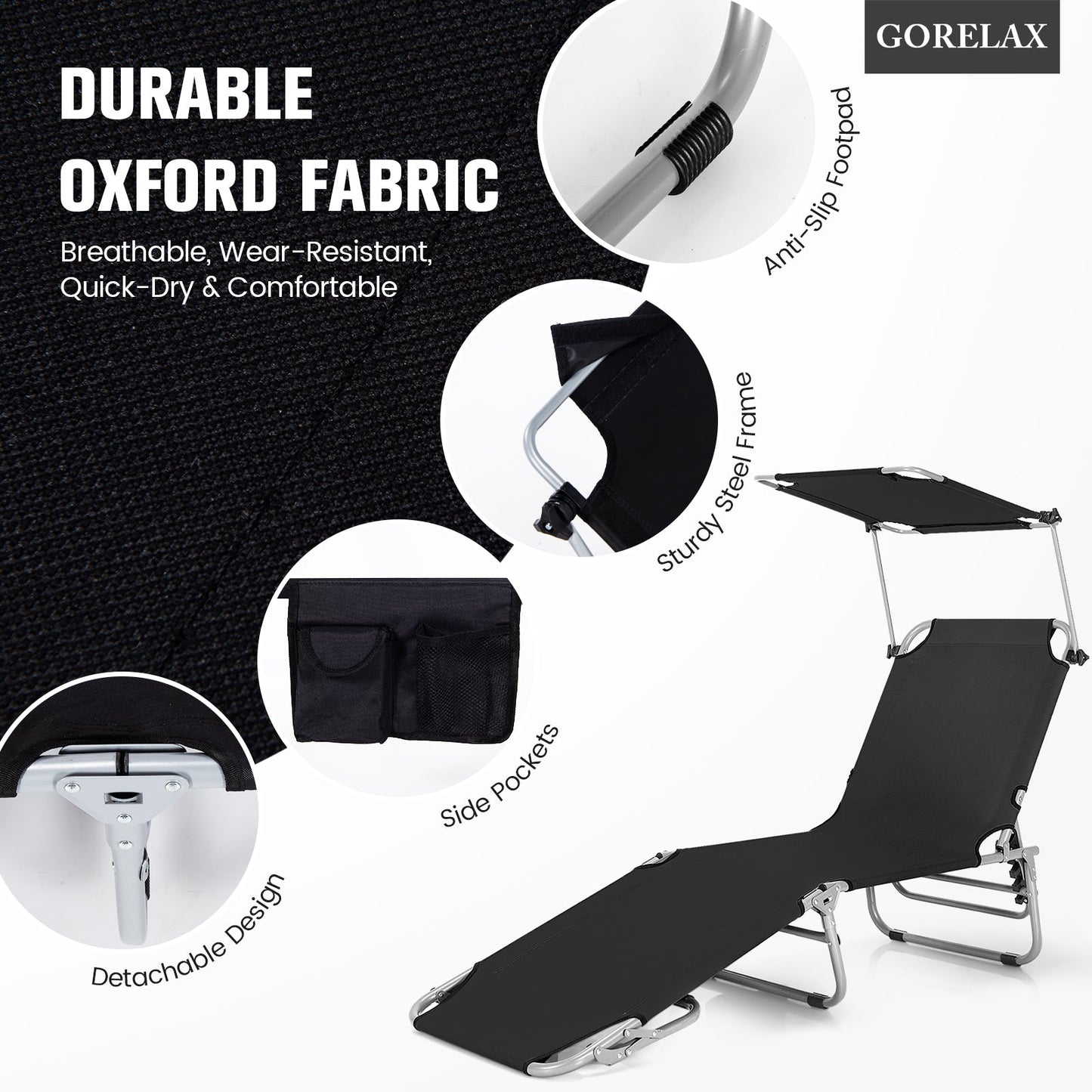 Tumbona reclinable ajustable para exteriores, playa, patio, piscina con parasol - Negra