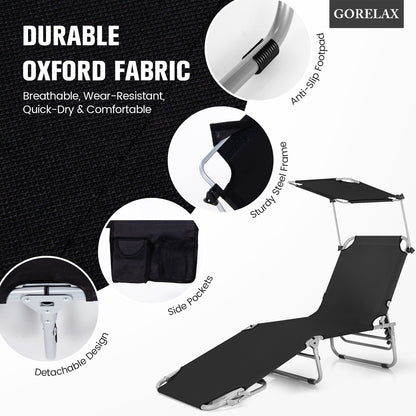 Tumbona reclinable ajustable para exteriores, playa, patio, piscina con parasol - Negra