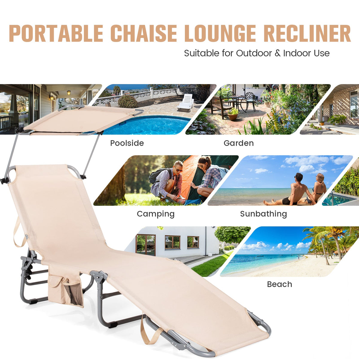 Portable chaise lounge recliner in beige fabric with gray metal frame on Tampa Home & Garden Store