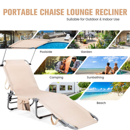 Portable chaise lounge recliner in beige fabric with gray metal frame on Tampa Home & Garden Store