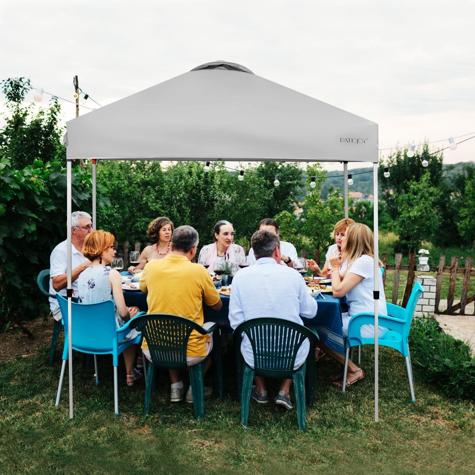 GemGear 6.6x6.6 ft outdoor pop-up canopy in light gray with PATIOJOY logo over a table on Tampa Home & Garden Store