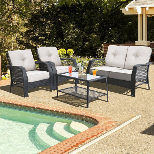 4 Pieces Patio Wicker Furniture Set Loveseat Sofa Coffee Table with Cushion-Beige - Tampa Home & Garden Store