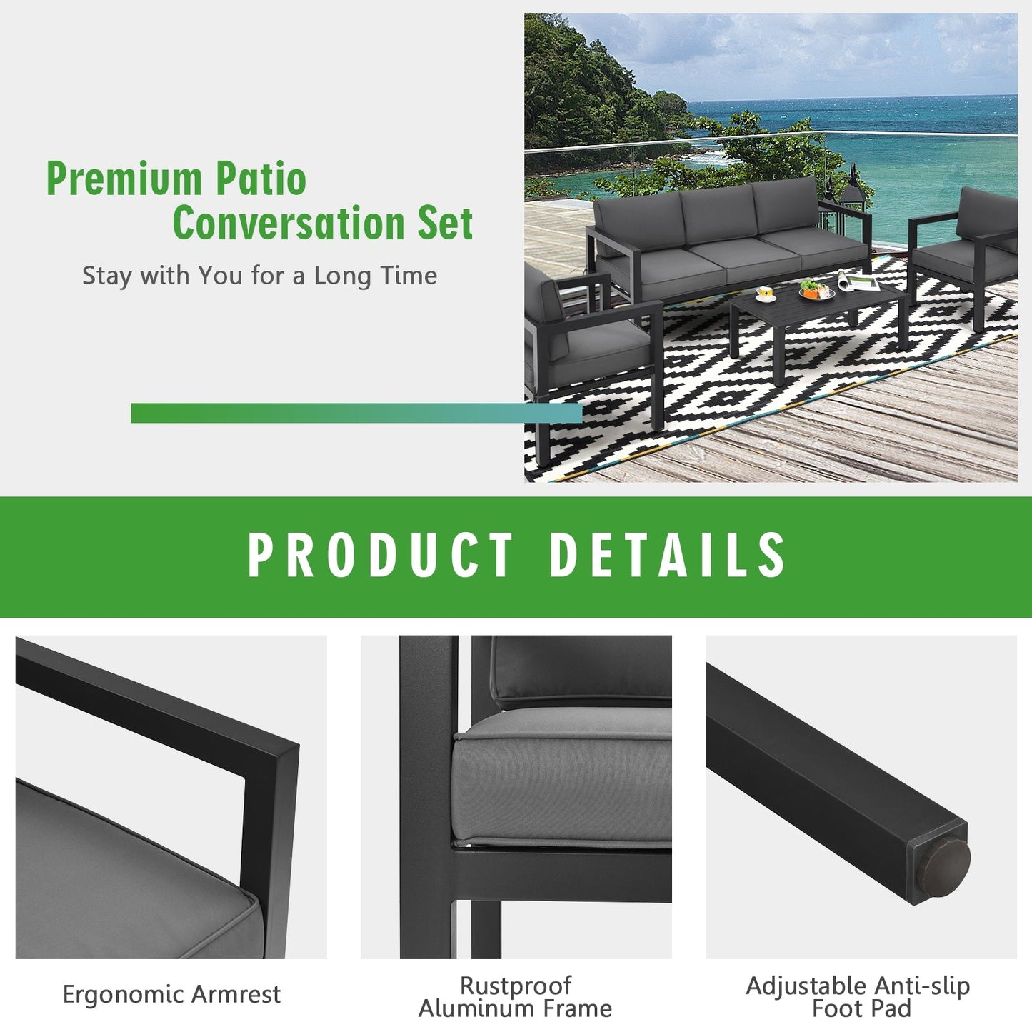 Juego de muebles de exterior de 4 piezas para patio trasero y piscina - Gris