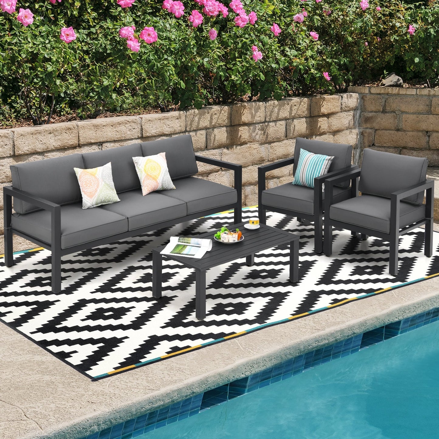 Juego de muebles de exterior de 4 piezas para patio trasero y piscina - Gris