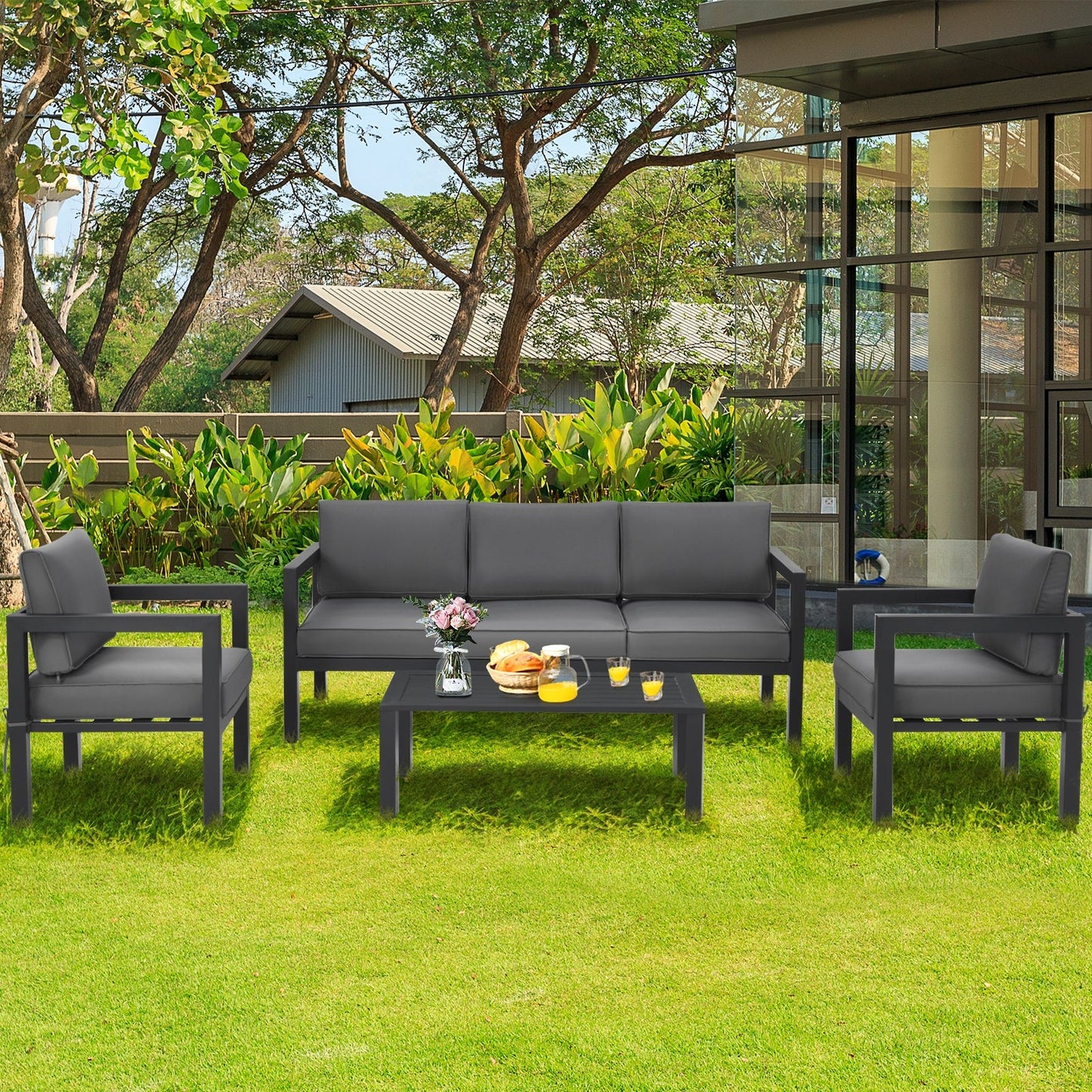Juego de muebles de exterior de 4 piezas para patio trasero y piscina - Gris