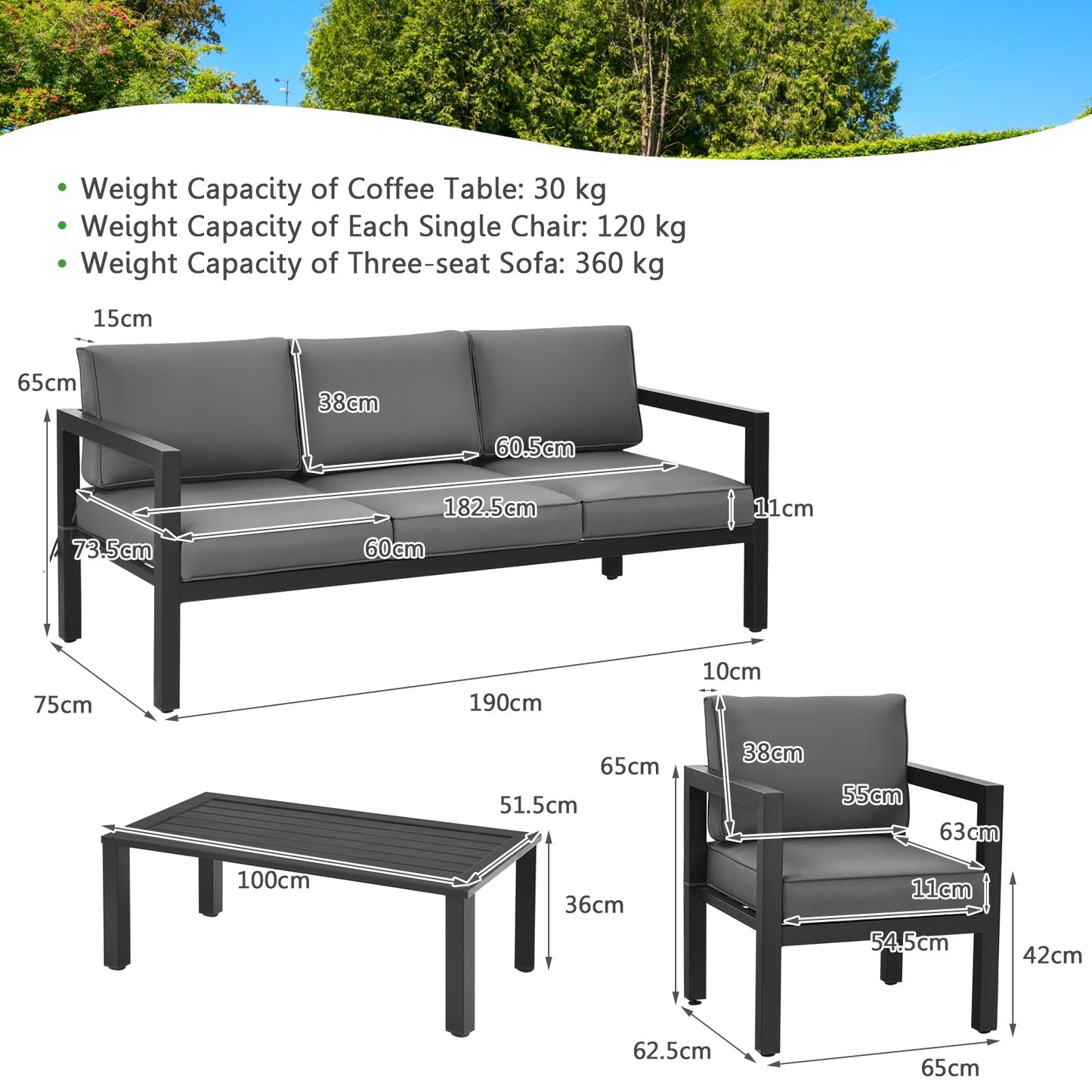 Juego de muebles de exterior de 4 piezas para patio trasero y piscina - Gris