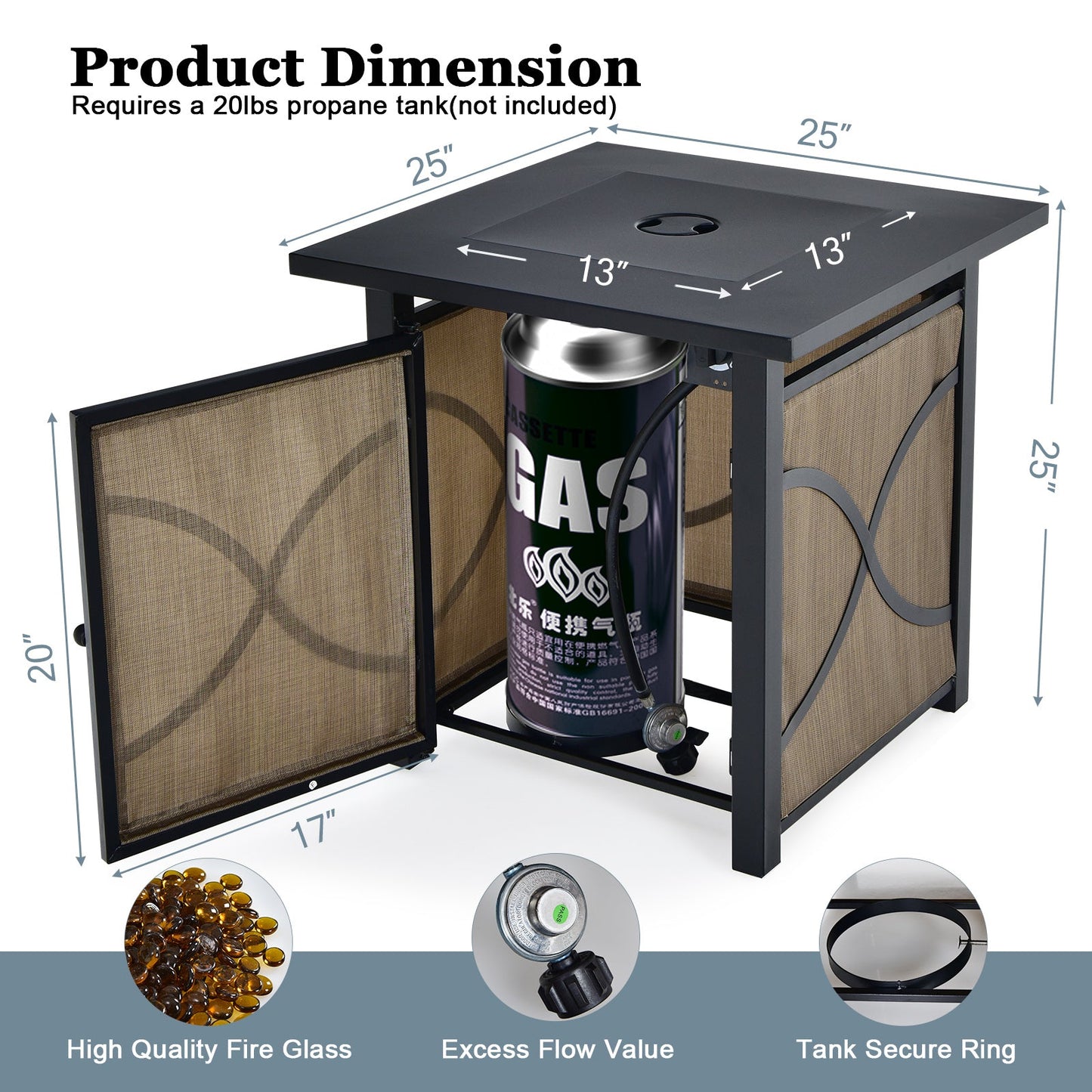 Mesa fogonera de propano de 25 pulgadas y 40000 BTU con tapa y cristal refractario