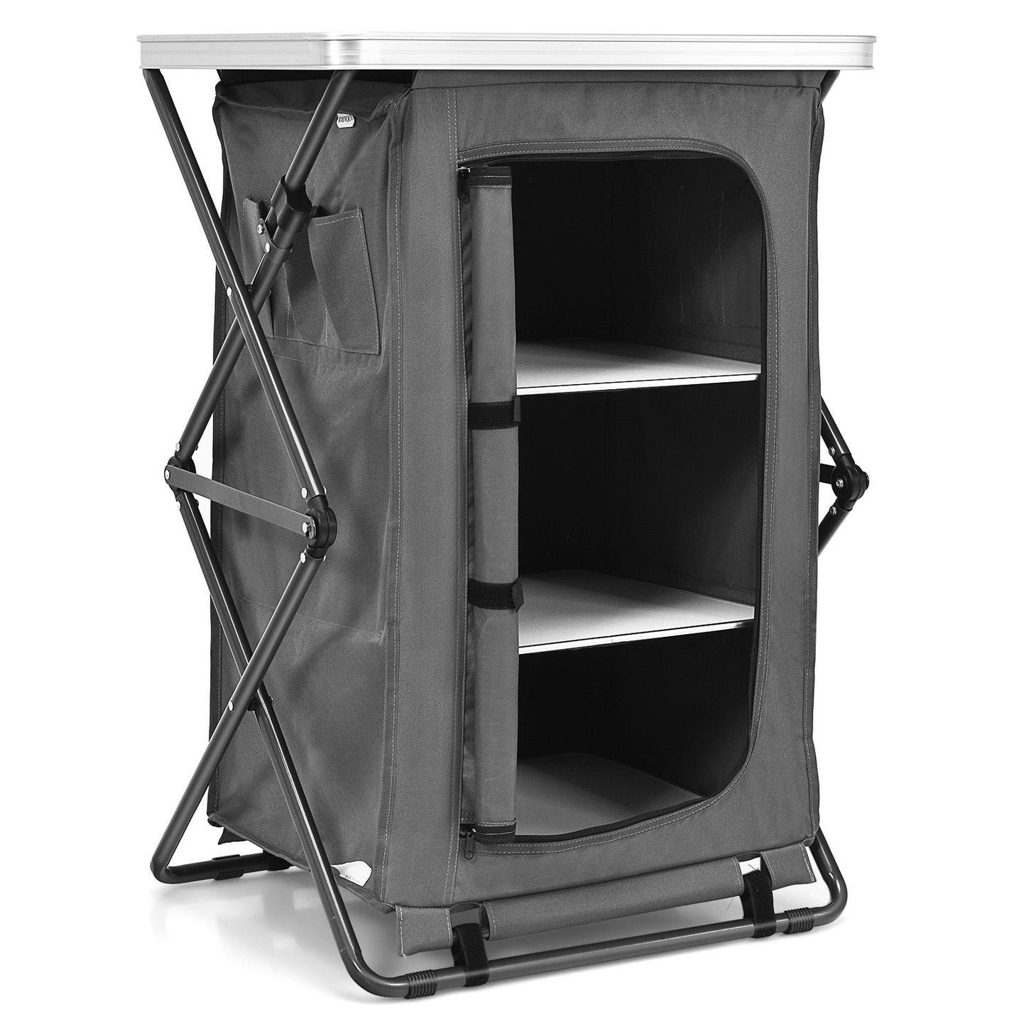 GemGear folding camping storage cabinet with 3 shelves in gray fabric and aluminum frame on Tampa Home & Garden Store
