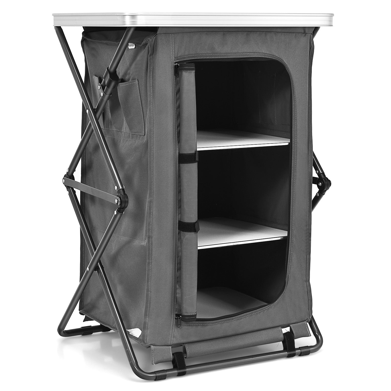 GemGear folding camping storage cabinet with 3 shelves in gray fabric and aluminum frame on Tampa Home & Garden Store
