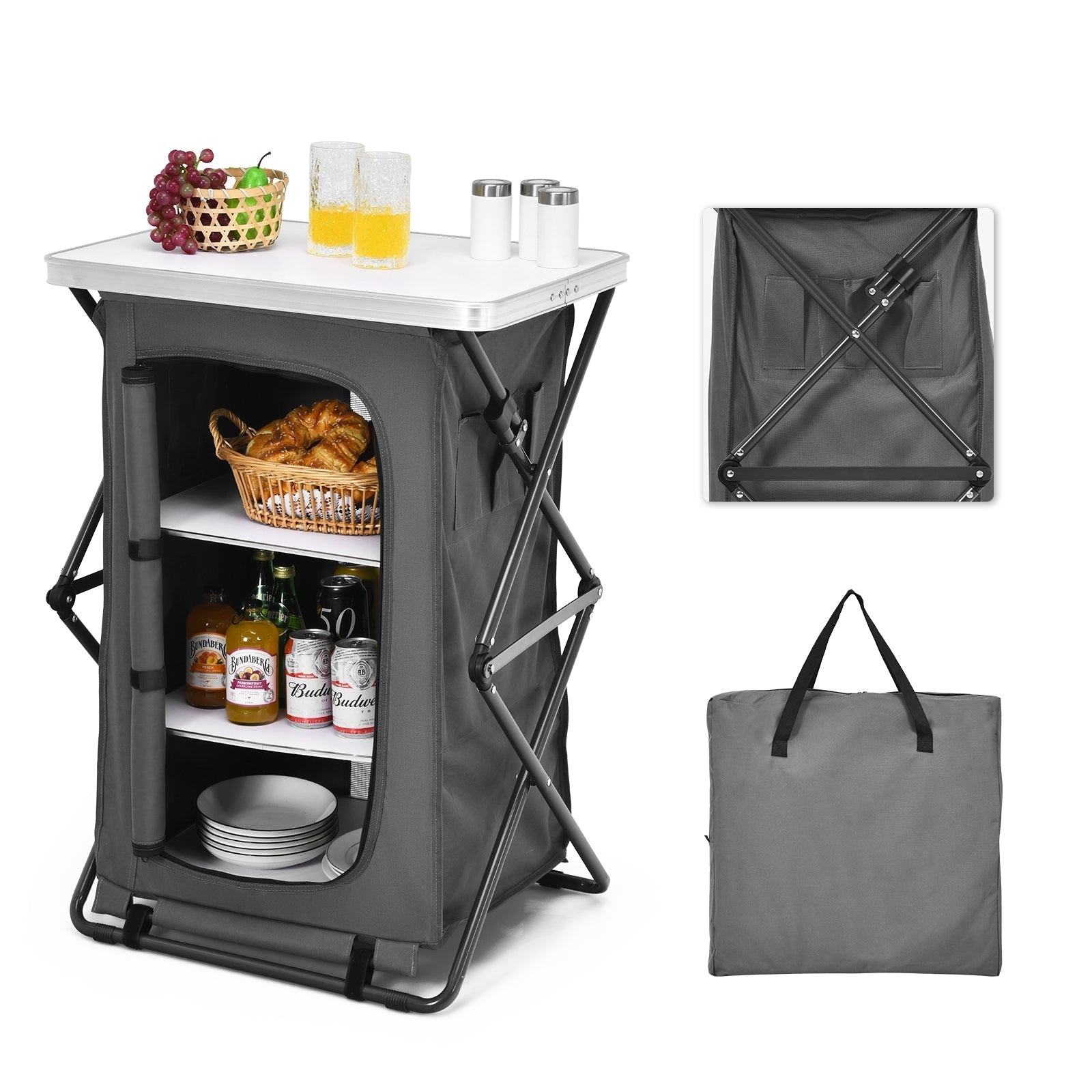 Folding camping storage cabinet by GemGear with 3 shelves carry bag gray fabric white tabletop on Tampa Home & Garden Store